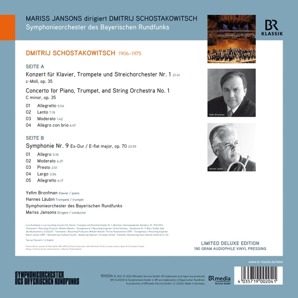 Mariss / Yefim Bronfman / Hannes Laubin Jansons - Shostakovich: Concerto For Piano, Trumpet and String Orchestra (LP) Cover Arts and Media | Records on Vinyl