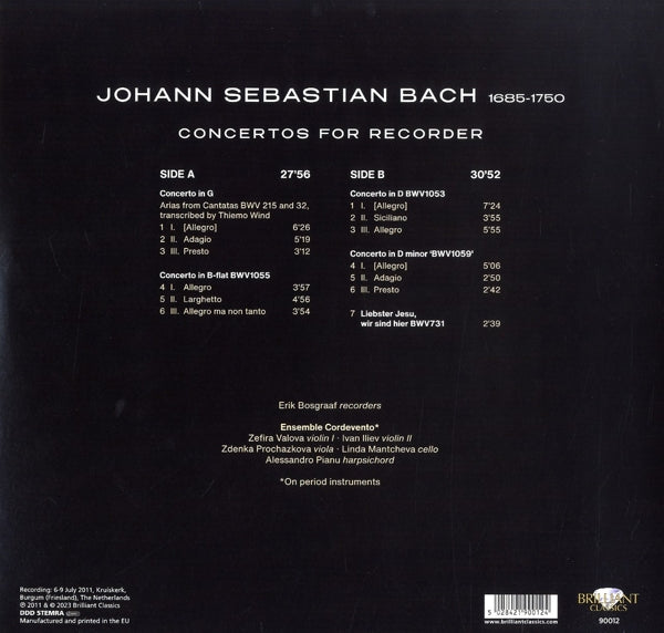 Erik / Ensemble Cordevento Bosgraaf - J.S. Bach Concertos For Recorder (LP) Cover Arts and Media | Records on Vinyl