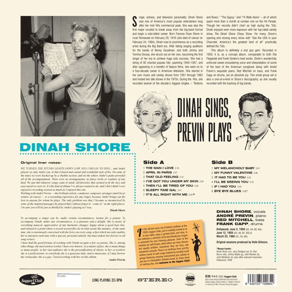 Dinah Shore - Dinah Sings, Previn Plays (LP) Cover Arts and Media | Records on Vinyl