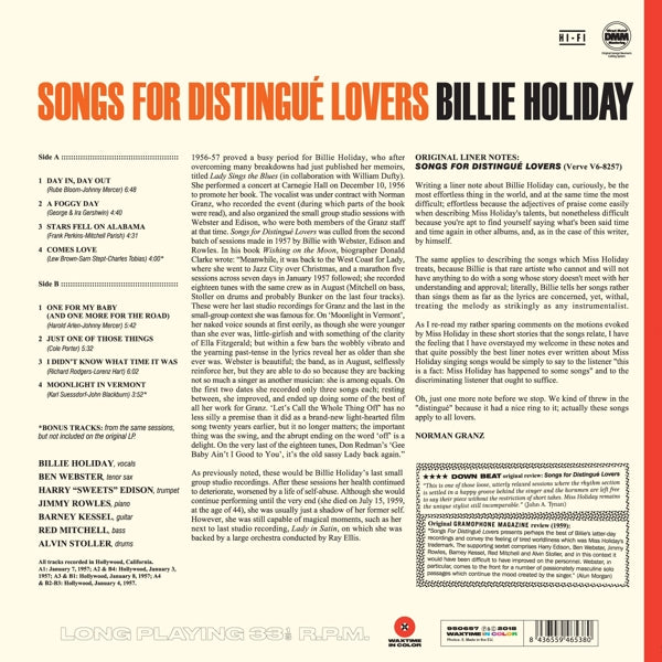 Billie Holiday - Songs For Distingue.. |  Vinyl LP | Billie Holiday - Songs For Distingue lovers(LP) | Records on Vinyl